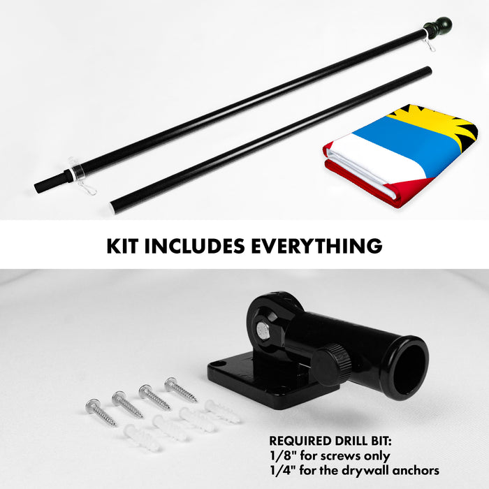 G128 Combo Pack: 6 Ft Tangle Free Aluminum Spinning Flagpole (Black) & Antigua and Barbuda Antiguan and Barbudan Flag  3x5 Ft LiteWeave Pro Series Printed 150D Polyester | Pole with Flag Included