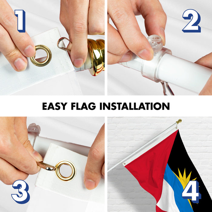 G128 Combo Pack: 6 Ft Tangle Free Aluminum Spinning Flagpole (White) & Antigua and Barbuda Antiguan and Barbudan Flag  3x5 Ft LiteWeave Pro Series Printed 150D Polyester | Pole with Flag Included
