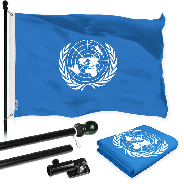 G128 Combo Pack: 6 Ft Tangle Free Aluminum Spinning Flagpole (Black) & United Nations Flag 3x5 Ft, LiteWeave Pro Series Printed 150D Polyester | Pole with Flag Included