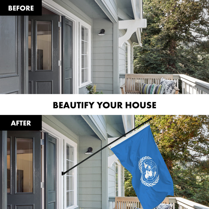 G128 Combo Pack: 6 Ft Tangle Free Aluminum Spinning Flagpole (Black) & United Nations Flag 3x5 Ft, LiteWeave Pro Series Printed 150D Polyester | Pole with Flag Included