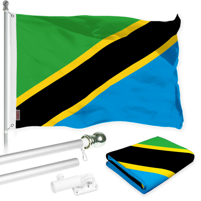 G128 Combo Pack: 6 Ft Tangle Free Aluminum Spinning Flagpole (Silver) & Tanzania Tanzanian Flag  3x5 Ft, LiteWeave Pro Series Printed 150D Polyester | Pole with Flag Included