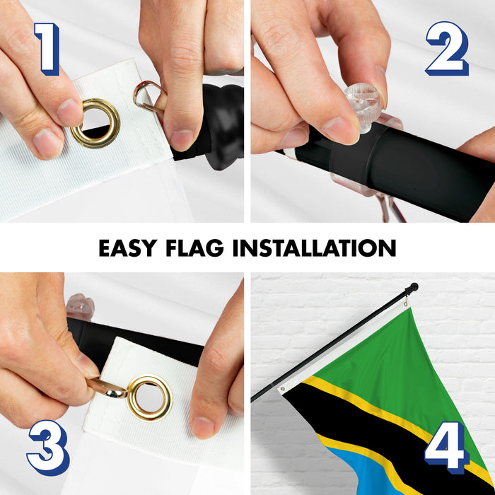 G128 Combo Pack: 6 Ft Tangle Free Aluminum Spinning Flagpole (Black) & Tanzania Tanzanian Flag  3x5 Ft, LiteWeave Pro Series Printed 150D Polyester | Pole with Flag Included