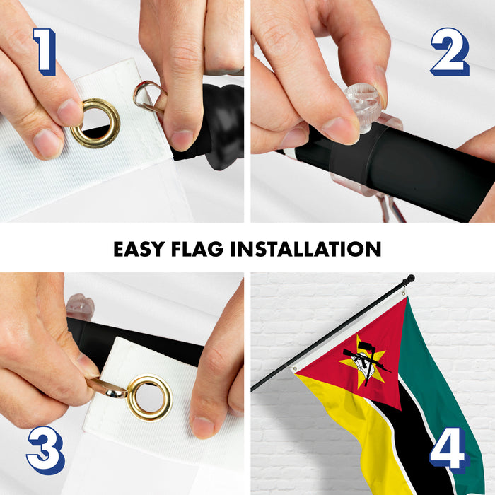 G128 Combo Pack: 6 Ft Tangle Free Aluminum Spinning Flagpole (Black) & Mozambique Mozambican Flag  3x5 Ft LiteWeave Pro Series Printed 150D Polyester | Pole with Flag Included