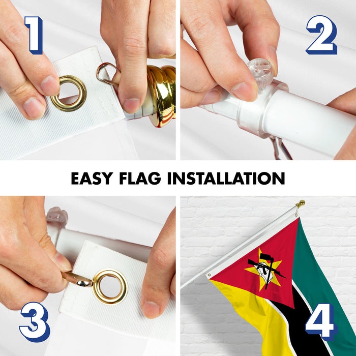 G128 Combo Pack: 6 Ft Tangle Free Aluminum Spinning Flagpole (White) & Mozambique Mozambican Flag  3x5 Ft LiteWeave Pro Series Printed 150D Polyester | Pole with Flag Included