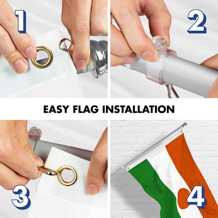 G128 Combo Pack: 6 Ft Tangle Free Aluminum Spinning Flagpole (Silver) & Niger Nigerien Flag  3x5 Ft LiteWeave Pro Series Printed 150D Polyester | Pole with Flag Included