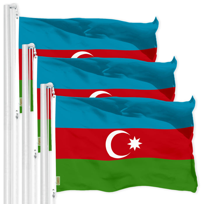 G128 3 Pack: Azerbaijan Azerbaijanis Azeris Flag | 3x5 Ft | LiteWeave Pro Series Printed 150D Polyester | Country Flag, Vibrant Colors, Brass Grommets, Thicker and More Durable Than 100D 75D Polyester