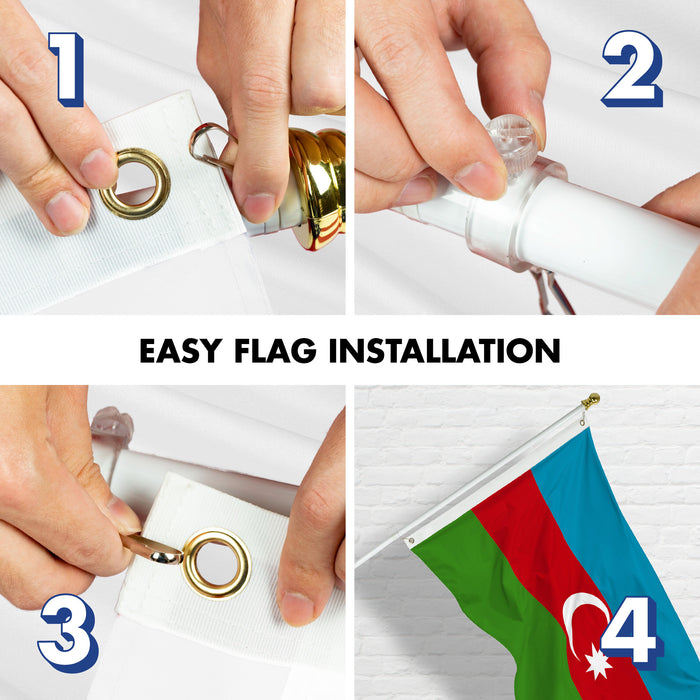 G128 Combo Pack: 6 Ft Tangle Free Aluminum Spinning Flagpole (White) & Azerbaijan Azerbaijanis Azeris Flag  3x5 Ft LiteWeave Pro Series Printed 150D Polyester | Pole with Flag Included