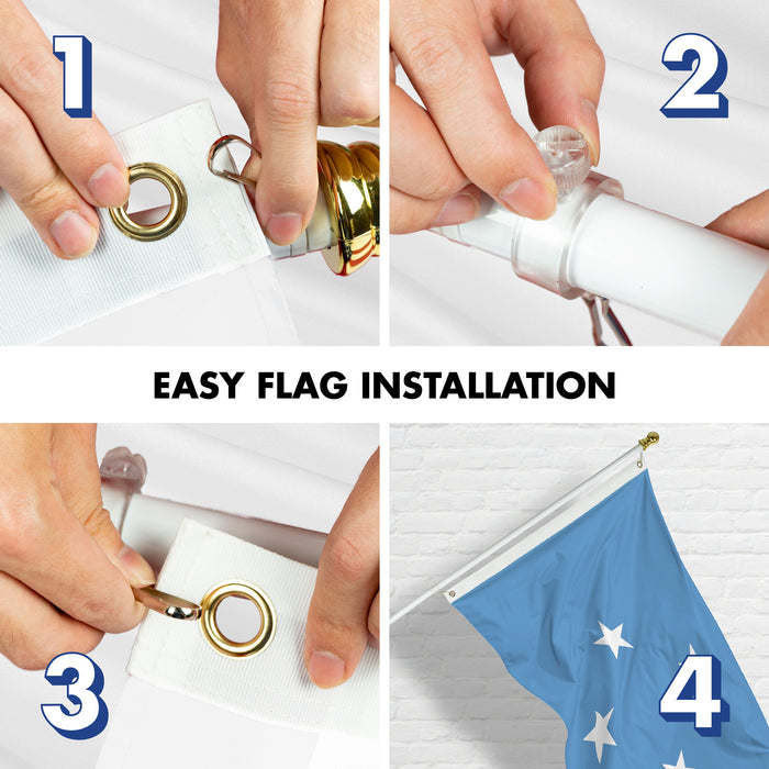 G128 Combo Pack: 6 Ft Tangle Free Aluminum Spinning Flagpole (White) & Micronesia Micronesian Flag  3x5 Ft LiteWeave Pro Series Printed 150D Polyester | Pole with Flag Included