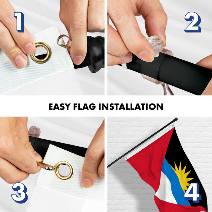 G128 Combo Pack: 6 Ft Tangle Free Aluminum Spinning Flagpole (Black) & Antigua and Barbuda Antiguan and Barbudan Flag  3x5 Ft LiteWeave Pro Series Printed 150D Polyester | Pole with Flag Included