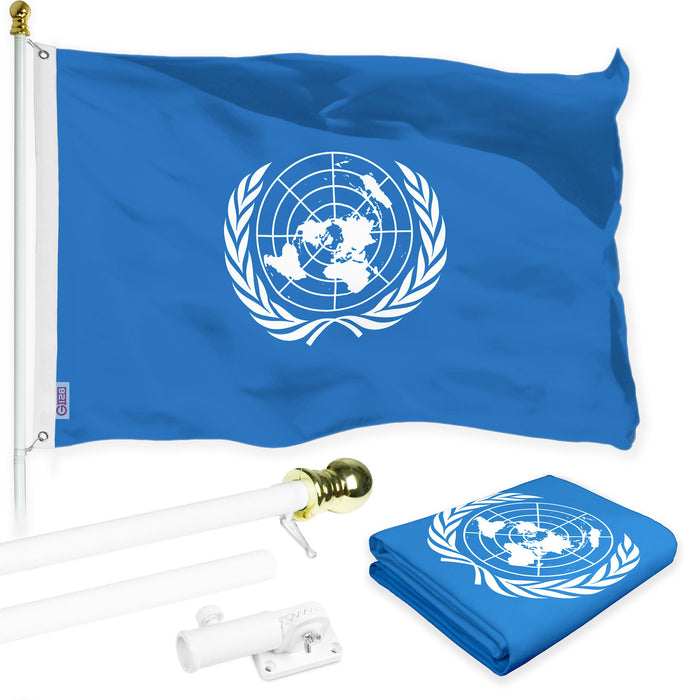 G128 Combo Pack: 6 Ft Tangle Free Aluminum Spinning Flagpole (White) & United Nations Flag 3x5 Ft, LiteWeave Pro Series Printed 150D Polyester | Pole with Flag Included