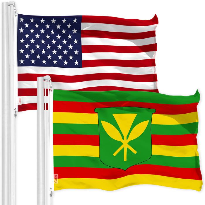 G128 Combo Pack: American USA Flag 3x5 Ft & Hawaii Kanaka Maoli Flag 3x5 Ft | Both LiteWeave Pro Series Printed 150D Polyester, Brass Grommets
