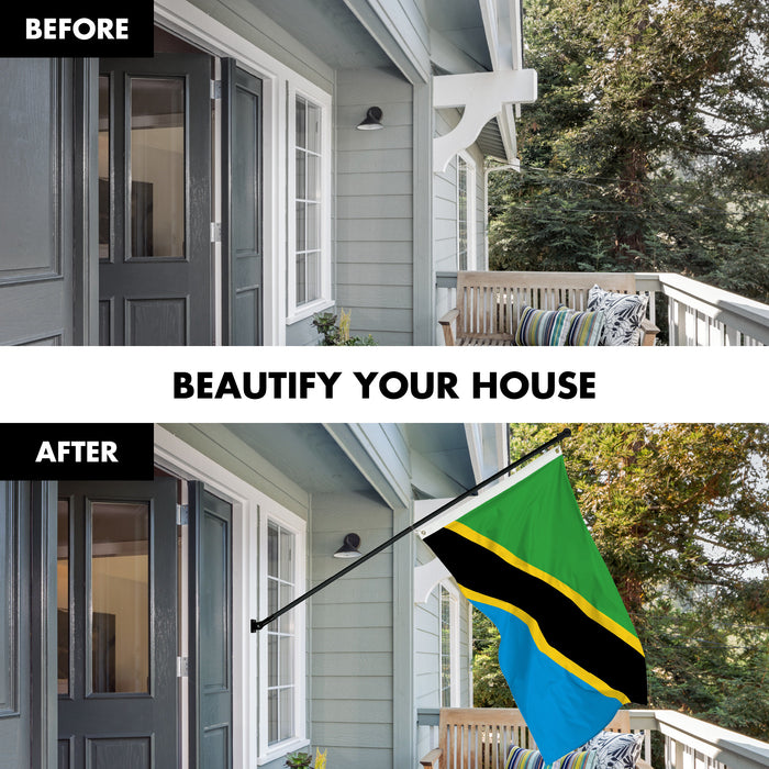 G128 Combo Pack: 6 Ft Tangle Free Aluminum Spinning Flagpole (Black) & Tanzania Tanzanian Flag  3x5 Ft, LiteWeave Pro Series Printed 150D Polyester | Pole with Flag Included