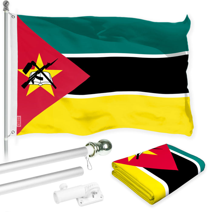 G128 Combo Pack: 6 Ft Tangle Free Aluminum Spinning Flagpole (Silver) & Mozambique Mozambican Flag  3x5 Ft LiteWeave Pro Series Printed 150D Polyester | Pole with Flag Included