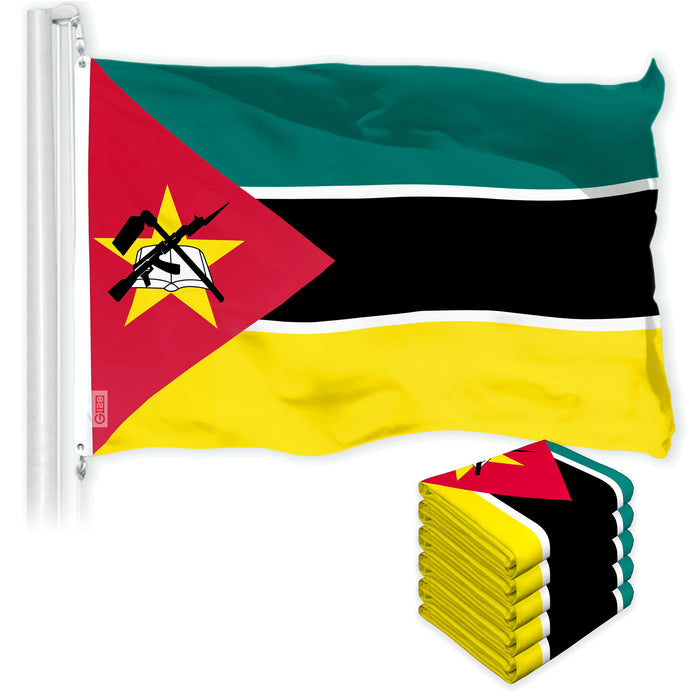 G128 5 Pack: Mozambique Mozambican Flag | 3x5 Ft | LiteWeave Pro Printed 150D Polyester | Country Flag, Indoor/Outdoor, Vibrant Colors, Brass Grommets, Thicker and More Durable Than 100D 75D Poly