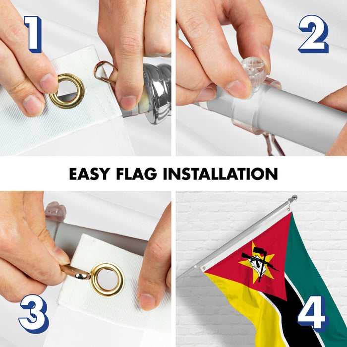 G128 Combo Pack: 6 Ft Tangle Free Aluminum Spinning Flagpole (Silver) & Mozambique Mozambican Flag  3x5 Ft LiteWeave Pro Series Printed 150D Polyester | Pole with Flag Included