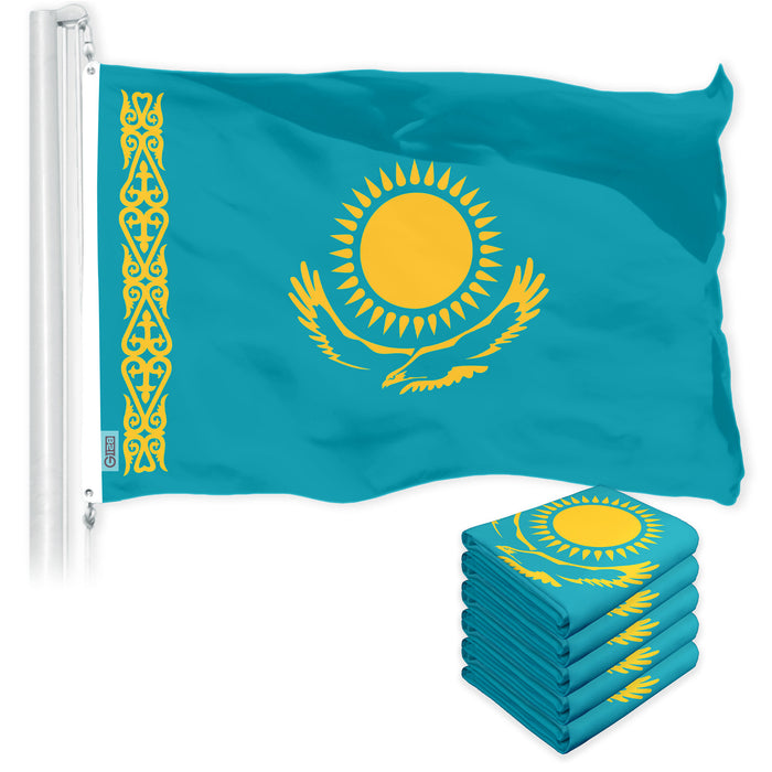 G128 5 Pack: Kazakhstan Kazakhstani Flag | 3x5 Ft | LiteWeave Pro Printed 150D Polyester | Country Flag, Indoor/Outdoor, Vibrant Colors, Brass Grommets, Thicker and More Durable Than 100D 75D Poly