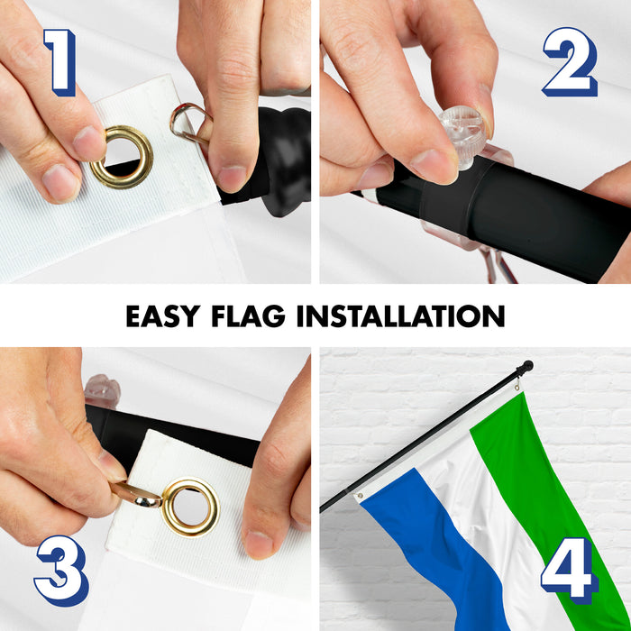 G128 Combo Pack: 6 Ft Tangle Free Aluminum Spinning Flagpole (Black) & Sierra Leone Sierra Leonean Flag  3x5 Ft LiteWeave Pro Series Printed 150D Polyester | Pole with Flag Included