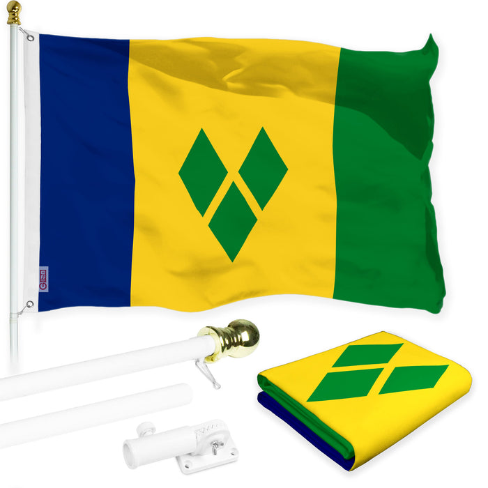G128 Combo Pack: 6 Ft Tangle Free Aluminum Spinning Flagpole (White) & Saint Vincent and the Grenadines Vincentian Flag  3x5 Ft LiteWeave Pro Series Printed 150D Polyester | Pole with Flag Included