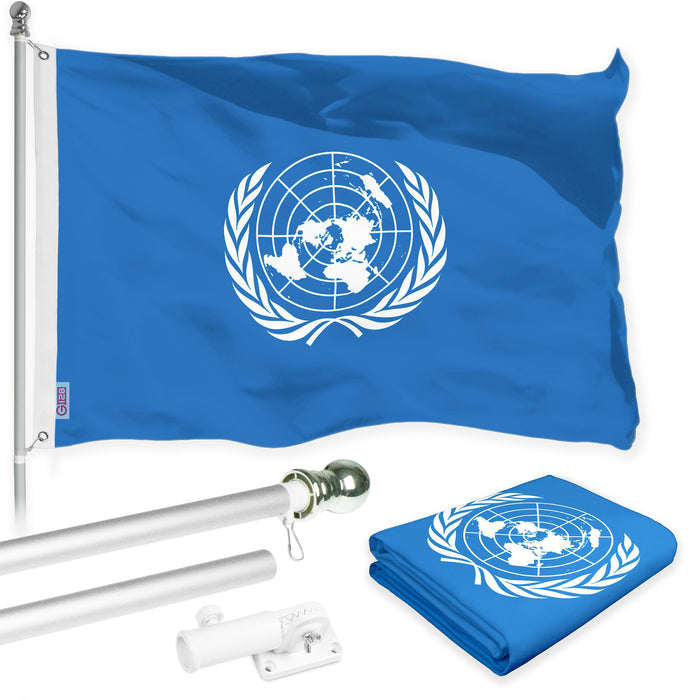 G128 Combo Pack: 6 Ft Tangle Free Aluminum Spinning Flagpole (Silver) & United Nations Flag 3x5 Ft, LiteWeave Pro Series Printed 150D Polyester | Pole with Flag Included