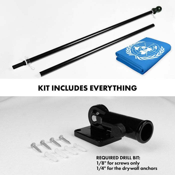 G128 Combo Pack: 6 Ft Tangle Free Aluminum Spinning Flagpole (Black) & United Nations Flag 3x5 Ft, LiteWeave Pro Series Printed 150D Polyester | Pole with Flag Included