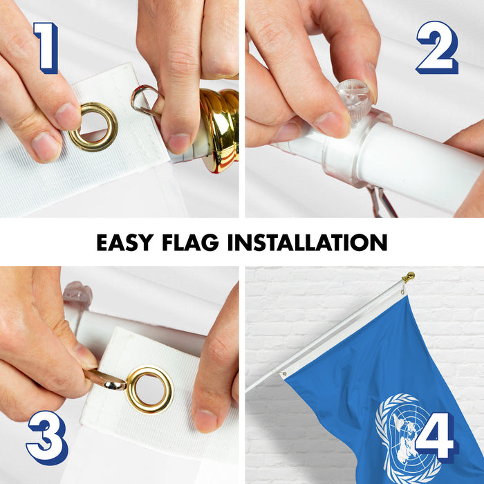 G128 Combo Pack: 6 Ft Tangle Free Aluminum Spinning Flagpole (White) & United Nations Flag 3x5 Ft, LiteWeave Pro Series Printed 150D Polyester | Pole with Flag Included
