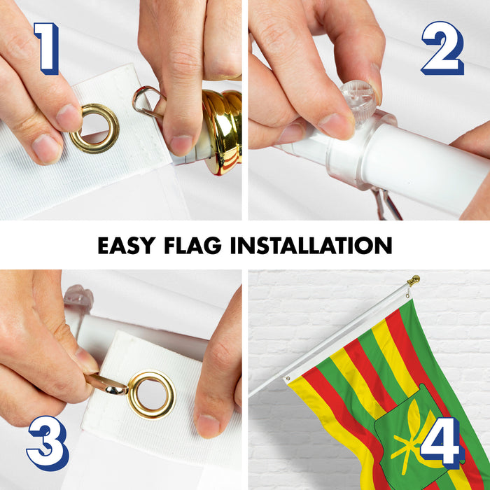 G128 Combo Pack: 6 Ft Tangle Free Aluminum Spinning Flagpole (White) & Hawaii Kanaka Maoli Flag 3x5 Ft, LiteWeave Pro Series Printed 150D Polyester | Pole with Flag Included