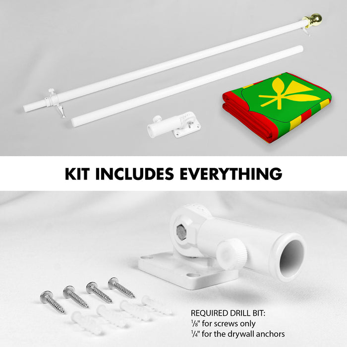 G128 Combo Pack: 6 Ft Tangle Free Aluminum Spinning Flagpole (White) & Hawaii Kanaka Maoli Flag 3x5 Ft, LiteWeave Pro Series Printed 150D Polyester | Pole with Flag Included