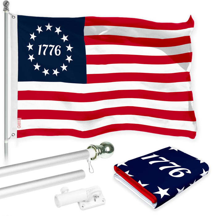 G128 Combo Pack: 6 Ft Tangle Free Aluminum Spinning Flagpole (Silver) & Betsy Ross 1776 Flag 3x5 Ft, LiteWeave Pro Series Printed 150D Polyester | Pole with Flag Included