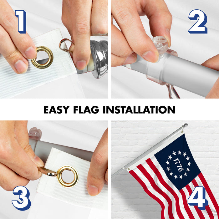 G128 Combo Pack: 6 Ft Tangle Free Aluminum Spinning Flagpole (Silver) & Betsy Ross 1776 Flag 3x5 Ft, LiteWeave Pro Series Printed 150D Polyester | Pole with Flag Included