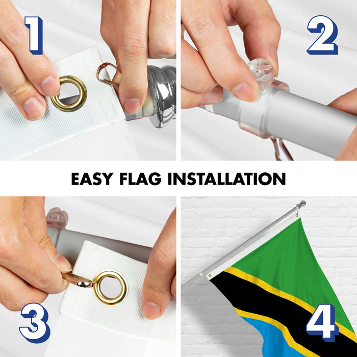 G128 Combo Pack: 6 Ft Tangle Free Aluminum Spinning Flagpole (Silver) & Tanzania Tanzanian Flag  3x5 Ft, LiteWeave Pro Series Printed 150D Polyester | Pole with Flag Included