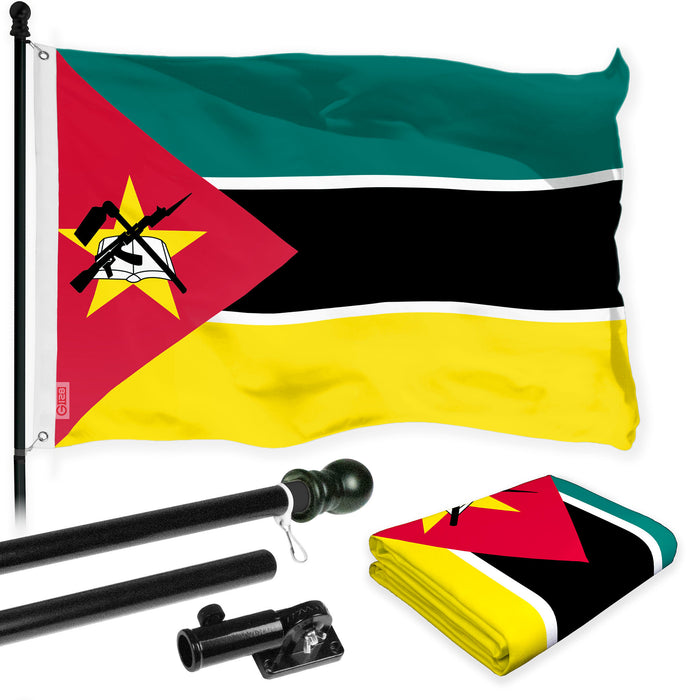 G128 Combo Pack: 6 Ft Tangle Free Aluminum Spinning Flagpole (Black) & Mozambique Mozambican Flag  3x5 Ft LiteWeave Pro Series Printed 150D Polyester | Pole with Flag Included