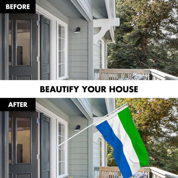 G128 Combo Pack: 6 Ft Tangle Free Aluminum Spinning Flagpole (White) & Sierra Leone Sierra Leonean Flag  3x5 Ft LiteWeave Pro Series Printed 150D Polyester | Pole with Flag Included