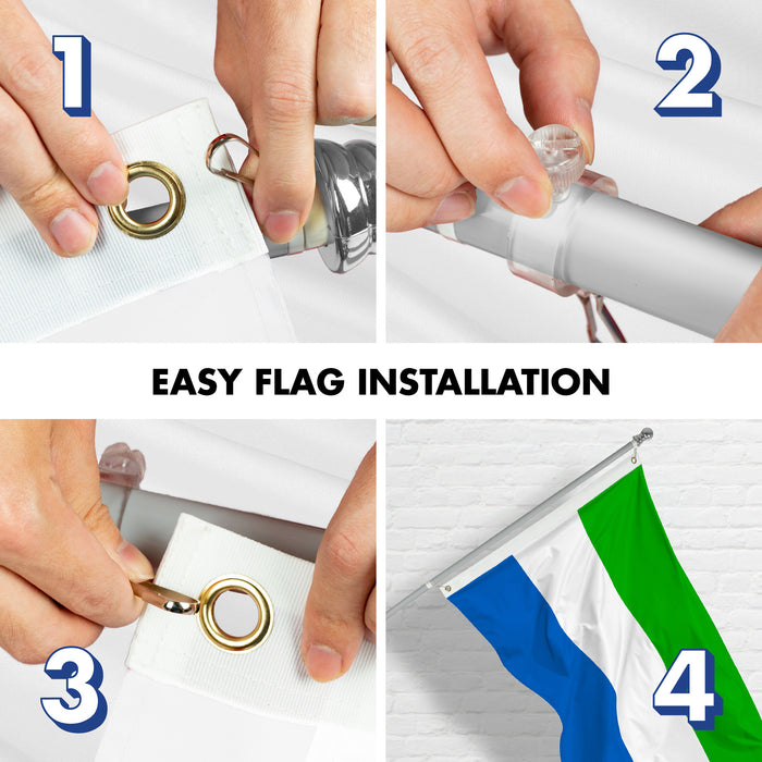 G128 Combo Pack: 6 Ft Tangle Free Aluminum Spinning Flagpole (Silver) & Sierra Leone Sierra Leonean Flag  3x5 Ft LiteWeave Pro Series Printed 150D Polyester | Pole with Flag Included