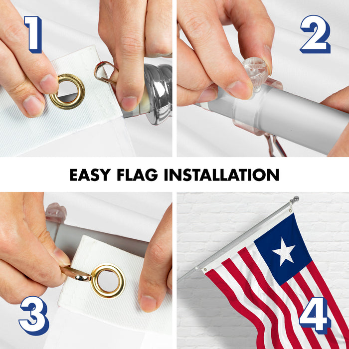 G128 Combo Pack: 6 Ft Tangle Free Aluminum Spinning Flagpole (Silver) & Liberia Liberian Flag  3x5 Ft LiteWeave Pro Series Printed 150D Polyester | Pole with Flag Included
