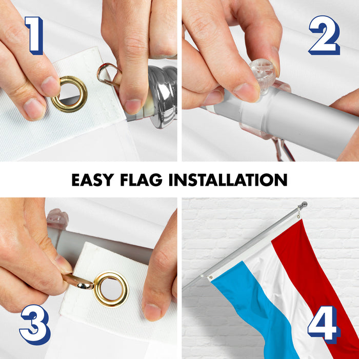 G128 Combo Pack: 6 Ft Tangle Free Aluminum Spinning Flagpole (Silver) & Luxembourg Luxembourgers Flag  3x5 Ft LiteWeave Pro Series Printed 150D Polyester | Pole with Flag Included