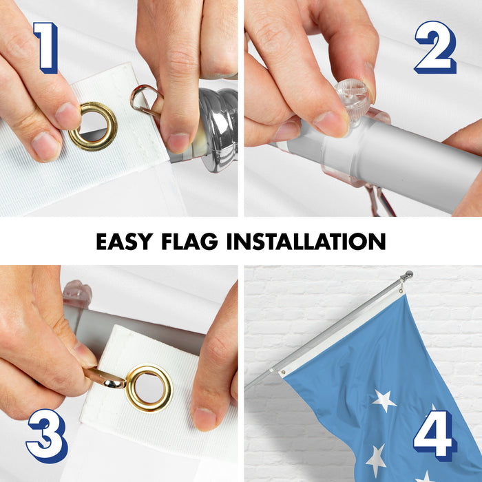 G128 Combo Pack: 6 Ft Tangle Free Aluminum Spinning Flagpole (Silver) & Micronesia Micronesian Flag  3x5 Ft LiteWeave Pro Series Printed 150D Polyester | Pole with Flag Included