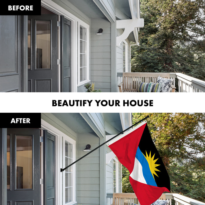 G128 Combo Pack: 6 Ft Tangle Free Aluminum Spinning Flagpole (Black) & Antigua and Barbuda Antiguan and Barbudan Flag  3x5 Ft LiteWeave Pro Series Printed 150D Polyester | Pole with Flag Included
