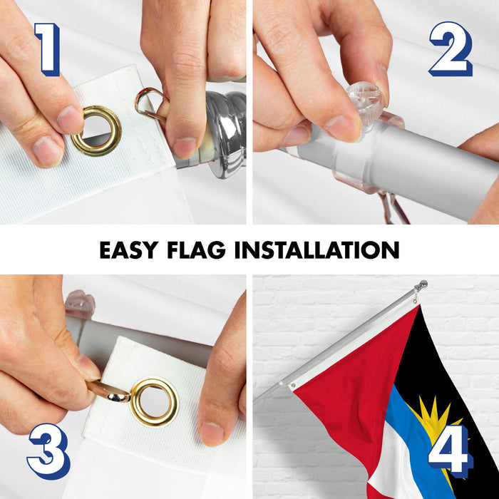G128 Combo Pack: 6 Ft Tangle Free Aluminum Spinning Flagpole (Silver) & Antigua and Barbuda Antiguan and Barbudan Flag  3x5 Ft LiteWeave Pro Series Printed 150D Polyester | Pole with Flag Included