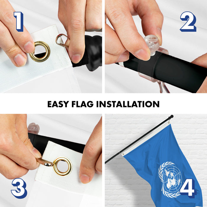 G128 Combo Pack: 6 Ft Tangle Free Aluminum Spinning Flagpole (Black) & United Nations Flag 3x5 Ft, LiteWeave Pro Series Printed 150D Polyester | Pole with Flag Included