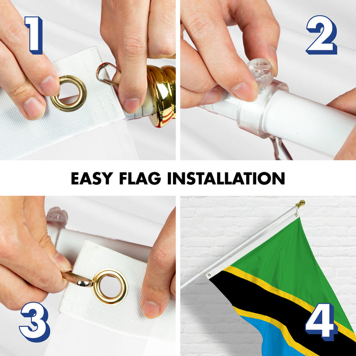 G128 Combo Pack: 6 Ft Tangle Free Aluminum Spinning Flagpole (White) & Tanzania Tanzanian Flag  3x5 Ft, LiteWeave Pro Series Printed 150D Polyester | Pole with Flag Included