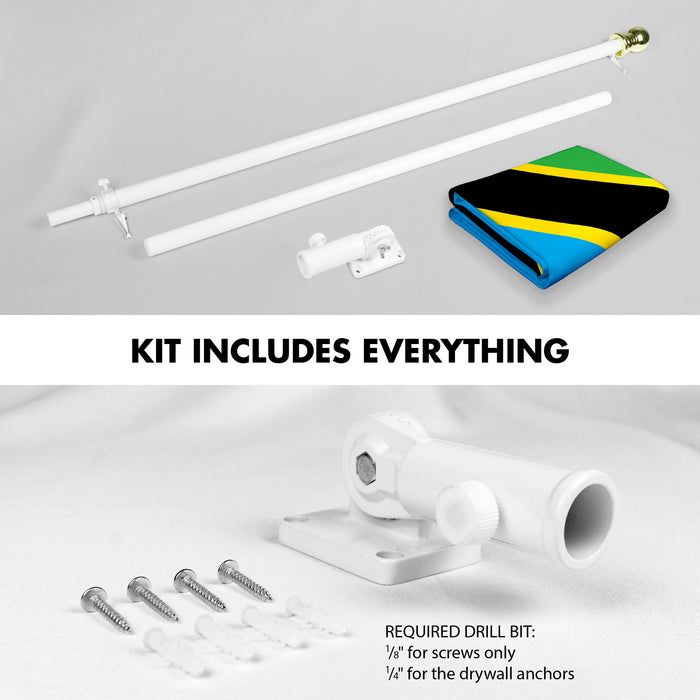G128 Combo Pack: 6 Ft Tangle Free Aluminum Spinning Flagpole (White) & Tanzania Tanzanian Flag  3x5 Ft, LiteWeave Pro Series Printed 150D Polyester | Pole with Flag Included