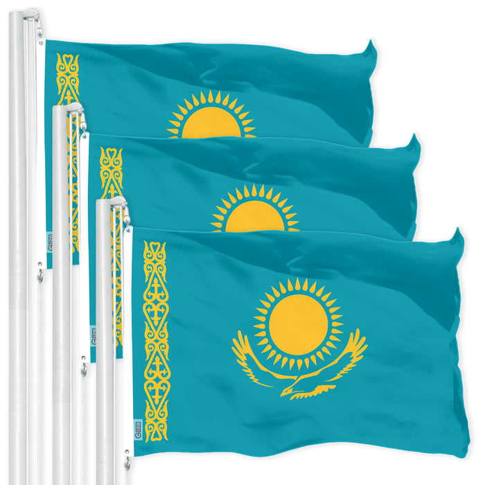 G128 3 Pack: Kazakhstan Kazakhstani Flag | 3x5 Ft | LiteWeave Pro Printed 150D Polyester | Country Flag, Indoor/Outdoor, Vibrant Colors, Brass Grommets, Thicker and More Durable Than 100D 75D Poly
