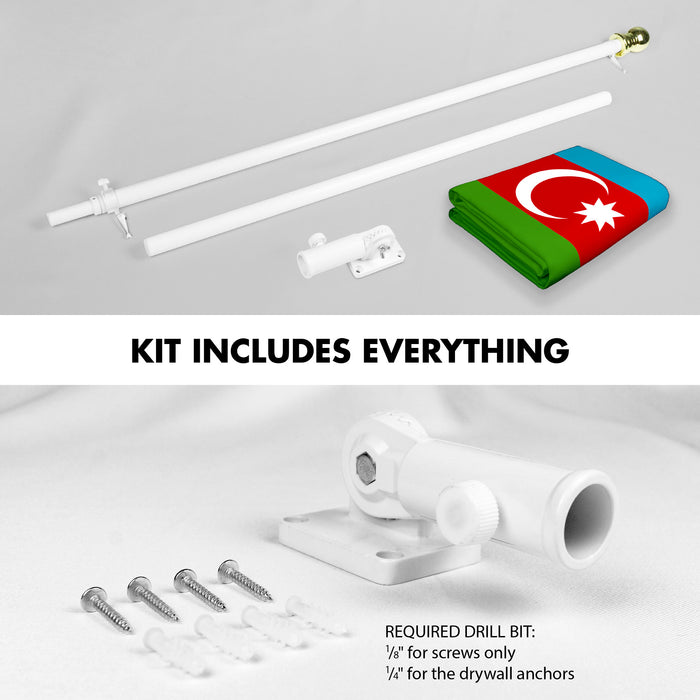 G128 Combo Pack: 6 Ft Tangle Free Aluminum Spinning Flagpole (White) & Azerbaijan Azerbaijanis Azeris Flag  3x5 Ft LiteWeave Pro Series Printed 150D Polyester | Pole with Flag Included