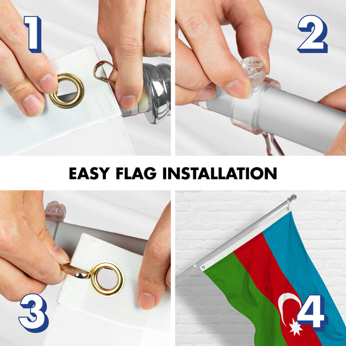 G128 Combo Pack: 6 Ft Tangle Free Aluminum Spinning Flagpole (Silver) & Azerbaijan Azerbaijanis Azeris Flag  3x5 Ft LiteWeave Pro Series Printed 150D Polyester | Pole with Flag Included