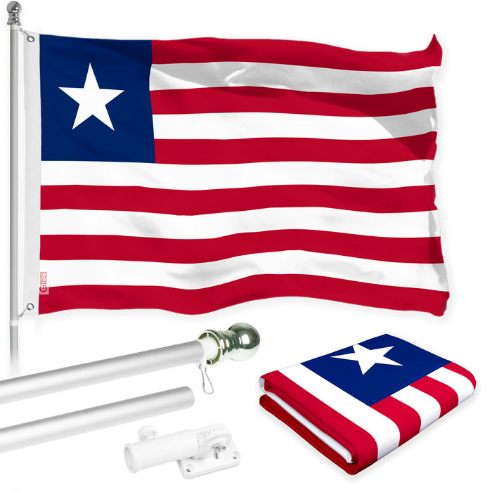 G128 Combo Pack: 6 Ft Tangle Free Aluminum Spinning Flagpole (Silver) & Liberia Liberian Flag  3x5 Ft LiteWeave Pro Series Printed 150D Polyester | Pole with Flag Included