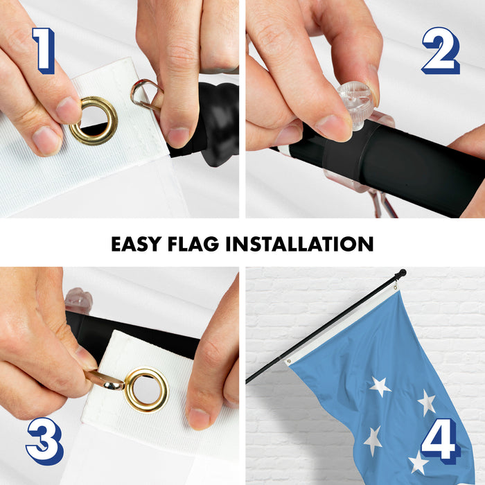 G128 Combo Pack: 6 Ft Tangle Free Aluminum Spinning Flagpole (Black) & Micronesia Micronesian Flag  3x5 Ft LiteWeave Pro Series Printed 150D Polyester | Pole with Flag Included