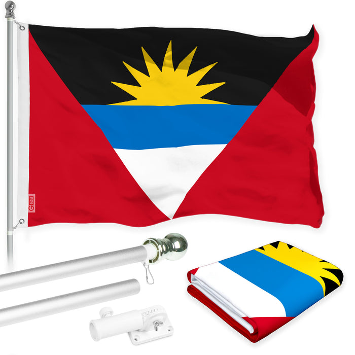 G128 Combo Pack: 6 Ft Tangle Free Aluminum Spinning Flagpole (Silver) & Antigua and Barbuda Antiguan and Barbudan Flag  3x5 Ft LiteWeave Pro Series Printed 150D Polyester | Pole with Flag Included
