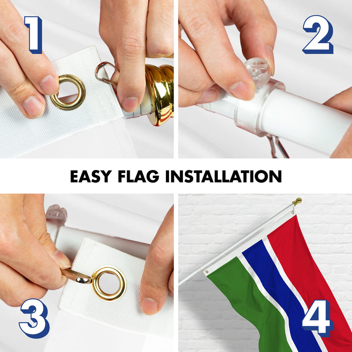 G128 Combo Pack: 6 Ft Tangle Free Aluminum Spinning Flagpole (White) & Gambia Gambian Flag  3x5 Ft LiteWeave Pro Series Printed 150D Polyester | Pole with Flag Included