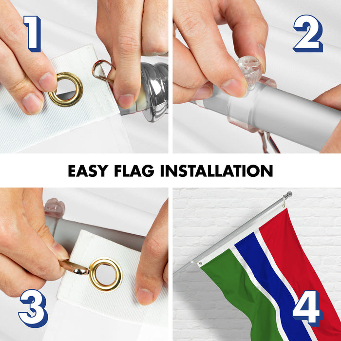 G128 Combo Pack: 6 Ft Tangle Free Aluminum Spinning Flagpole (Silver) & Gambia Gambian Flag  3x5 Ft LiteWeave Pro Series Printed 150D Polyester | Pole with Flag Included