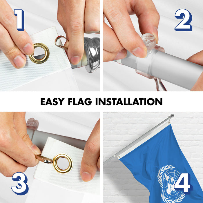 G128 Combo Pack: 6 Ft Tangle Free Aluminum Spinning Flagpole (Silver) & United Nations Flag 3x5 Ft, LiteWeave Pro Series Printed 150D Polyester | Pole with Flag Included